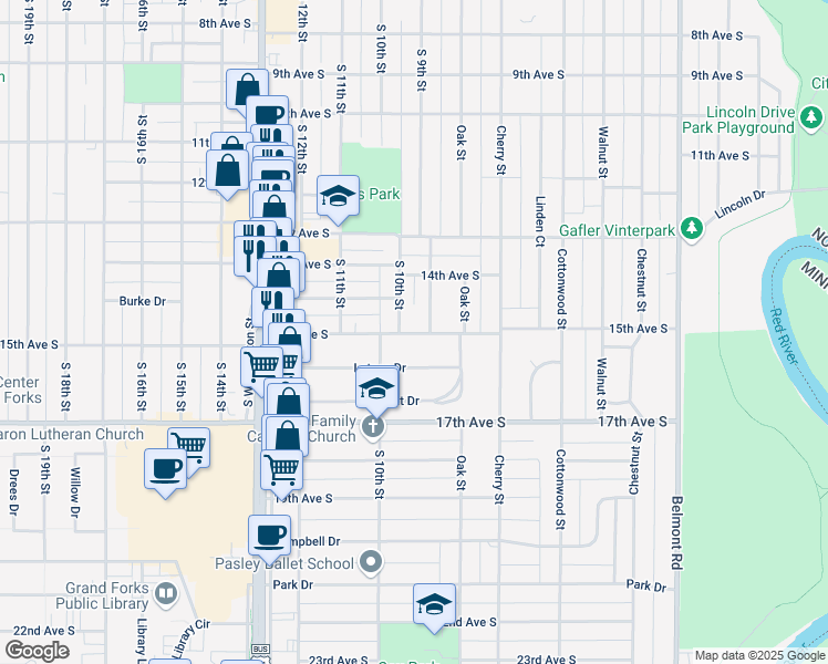 map of restaurants, bars, coffee shops, grocery stores, and more near 1415 South 10th Street in Grand Forks