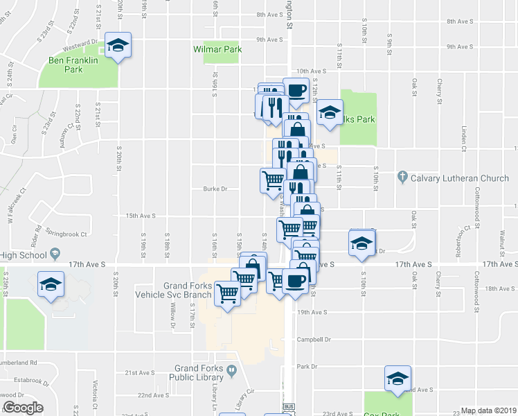 map of restaurants, bars, coffee shops, grocery stores, and more near 1420 South 14th Street in Grand Forks