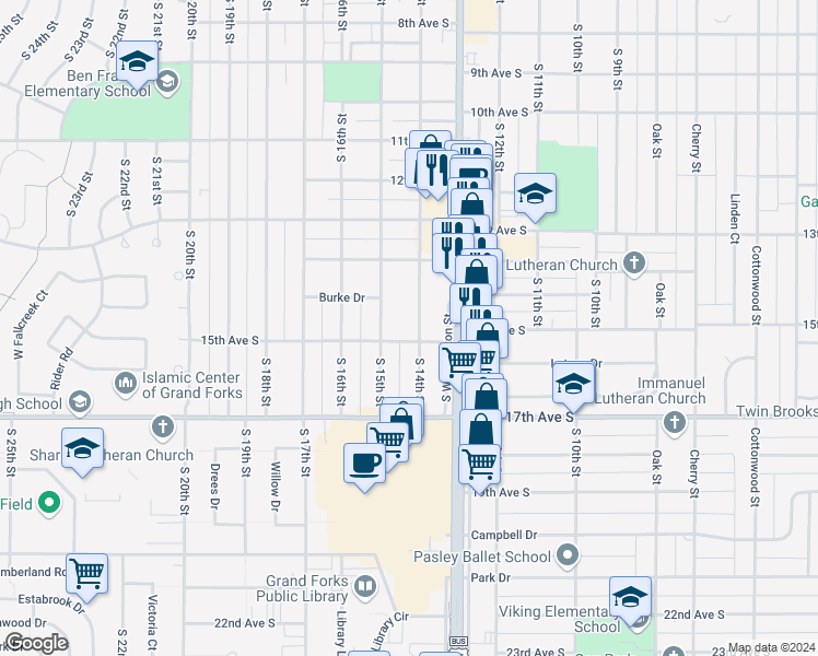 map of restaurants, bars, coffee shops, grocery stores, and more near 1420 South 14th Street in Grand Forks