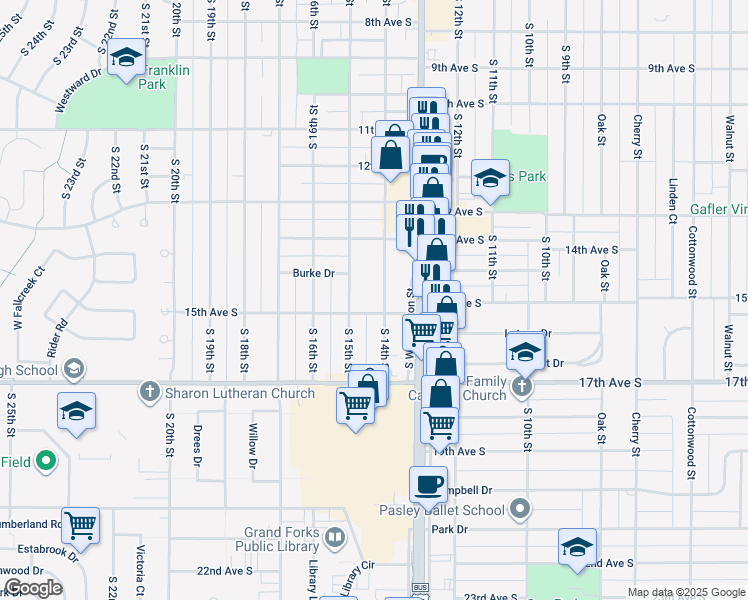 map of restaurants, bars, coffee shops, grocery stores, and more near 1420 South 14th Street in Grand Forks