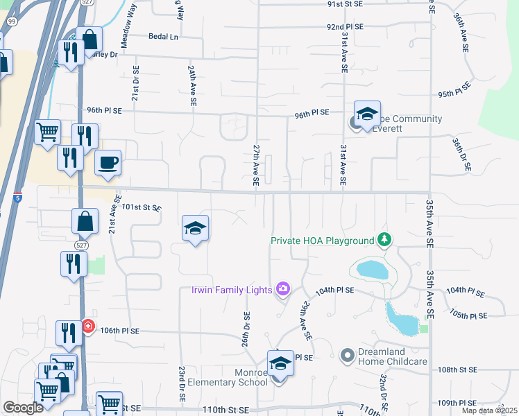 map of restaurants, bars, coffee shops, grocery stores, and more near 9920 27th Drive Southeast in Everett