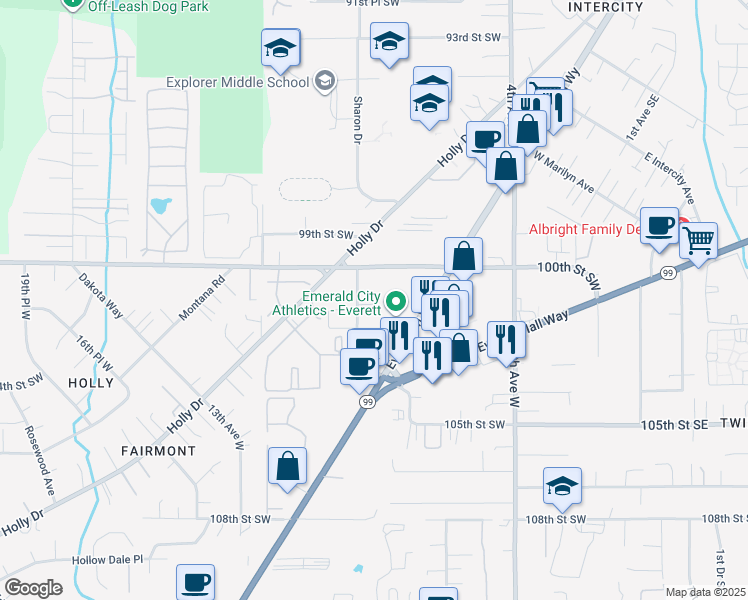 map of restaurants, bars, coffee shops, grocery stores, and more near 10025 9th Avenue West in Everett