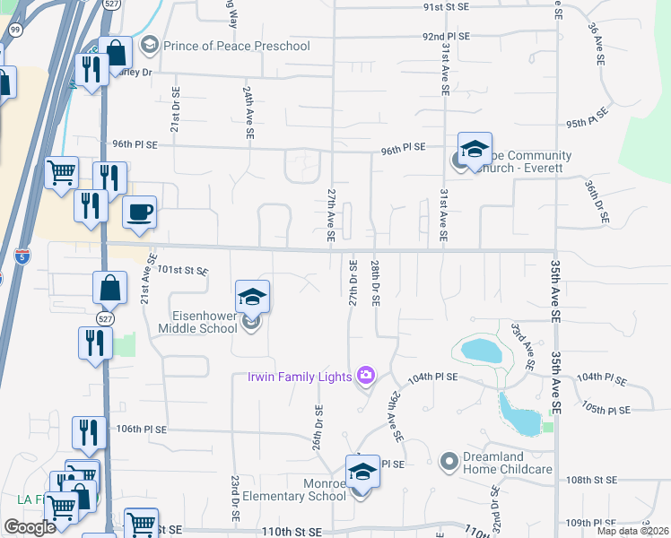 map of restaurants, bars, coffee shops, grocery stores, and more near 2712 100th Street Southeast in Everett
