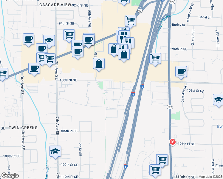 map of restaurants, bars, coffee shops, grocery stores, and more near 10025 12th Avenue Southeast in Everett