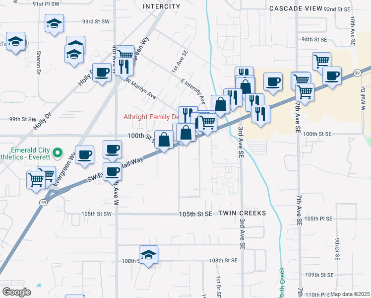 map of restaurants, bars, coffee shops, grocery stores, and more near 21 Highway 99 in Everett