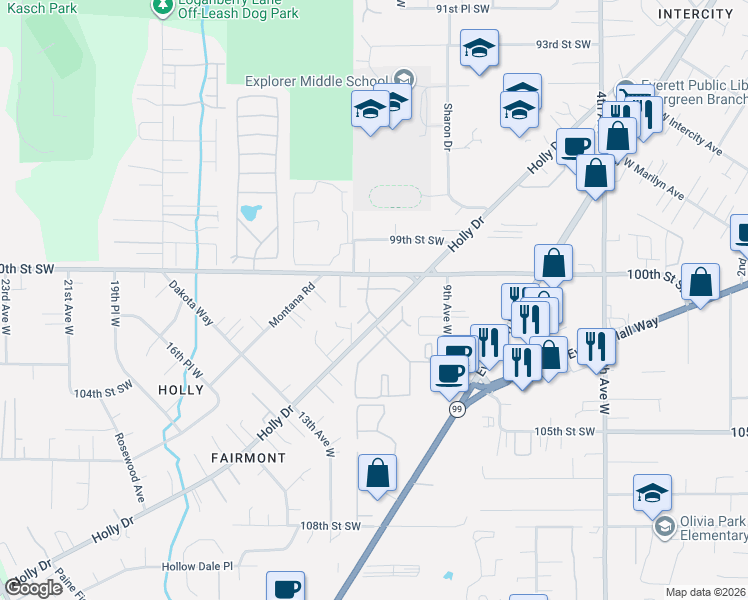 map of restaurants, bars, coffee shops, grocery stores, and more near 10030 Holly Drive in Everett