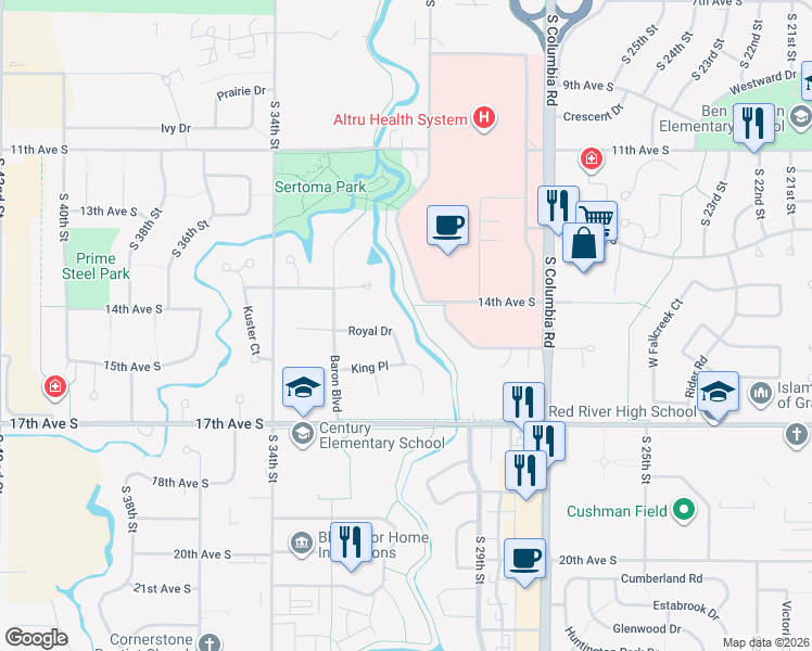 map of restaurants, bars, coffee shops, grocery stores, and more near 3220 Royal Drive in Grand Forks