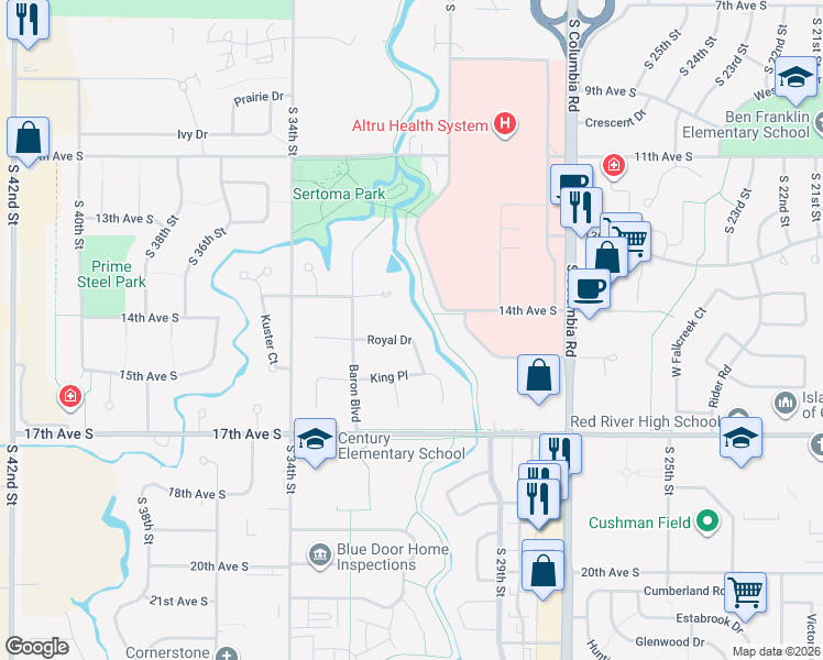 map of restaurants, bars, coffee shops, grocery stores, and more near 3220 Royal Drive in Grand Forks