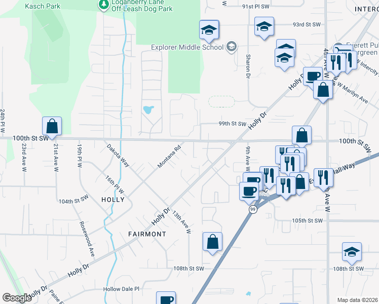 map of restaurants, bars, coffee shops, grocery stores, and more near 1202 100th Street Southwest in Everett