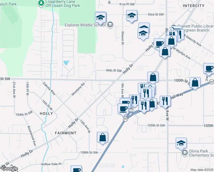 map of restaurants, bars, coffee shops, grocery stores, and more near 10030 Holly Drive in Everett