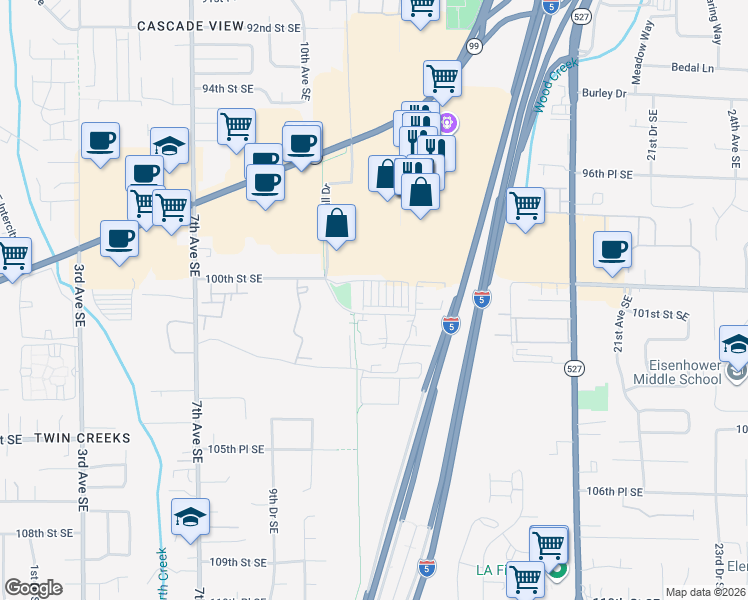 map of restaurants, bars, coffee shops, grocery stores, and more near 10024 12th Drive Southeast in Everett