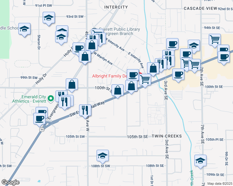 map of restaurants, bars, coffee shops, grocery stores, and more near 31 Highway 99 in Everett
