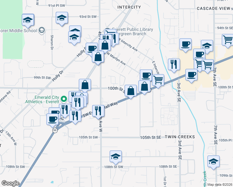 map of restaurants, bars, coffee shops, grocery stores, and more near 215 Southwest Everett Mall Way in Everett