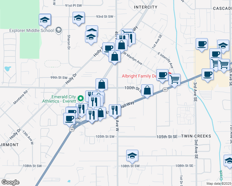 map of restaurants, bars, coffee shops, grocery stores, and more near 10005 4th Avenue West in Everett