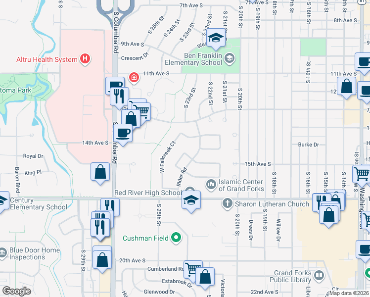 map of restaurants, bars, coffee shops, grocery stores, and more near 2308 West Springbrook Court in Grand Forks