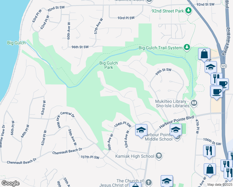 map of restaurants, bars, coffee shops, grocery stores, and more near 5514 101st Street Southwest in Mukilteo