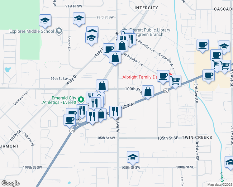 map of restaurants, bars, coffee shops, grocery stores, and more near 10005 4th Avenue West in Everett