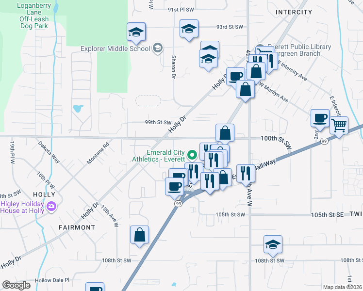 map of restaurants, bars, coffee shops, grocery stores, and more near 10025 9th Avenue West in Everett