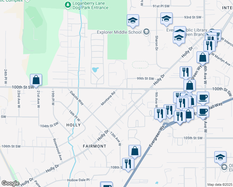 map of restaurants, bars, coffee shops, grocery stores, and more near 10005 Montana Road in Everett
