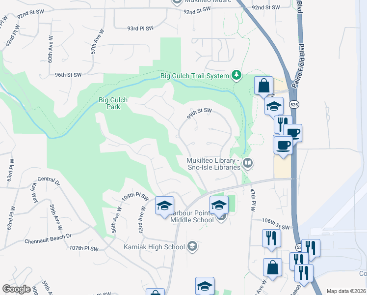 map of restaurants, bars, coffee shops, grocery stores, and more near 10024 50th Place West in Mukilteo