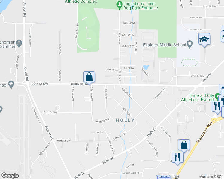 map of restaurants, bars, coffee shops, grocery stores, and more near 10014 18th Place West in Everett