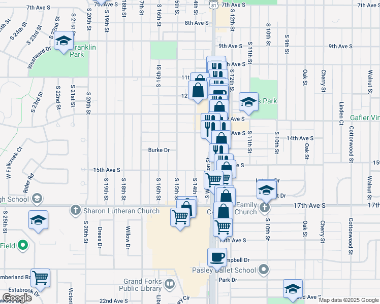 map of restaurants, bars, coffee shops, grocery stores, and more near 1420 South 14th Street in Grand Forks