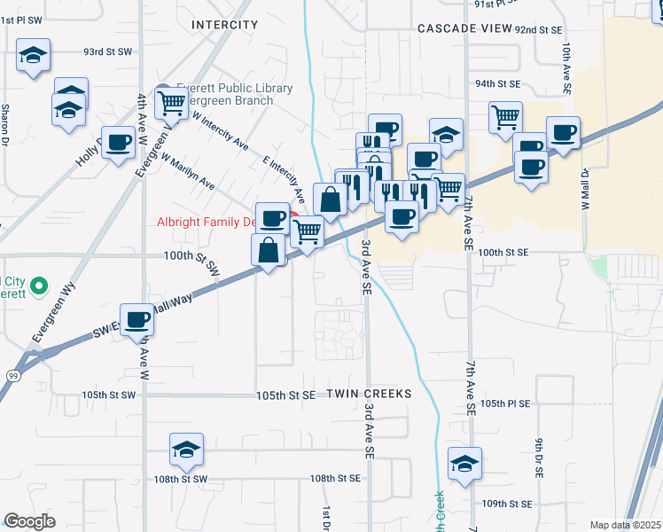 map of restaurants, bars, coffee shops, grocery stores, and more near 120 Southeast Everett Mall Way in Everett