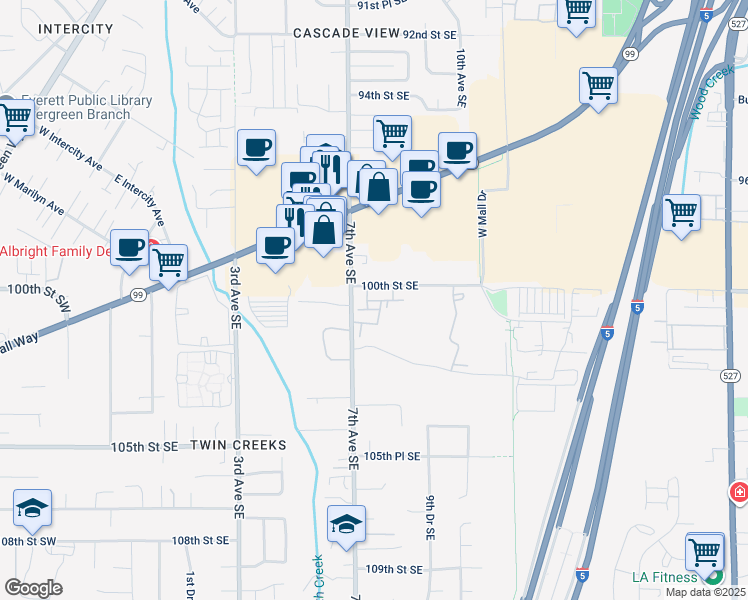 map of restaurants, bars, coffee shops, grocery stores, and more near 10101 7th Avenue Southeast in Everett
