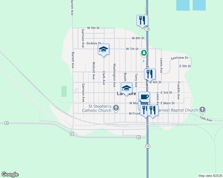 map of restaurants, bars, coffee shops, grocery stores, and more near 401 West 3rd Street in Larimore