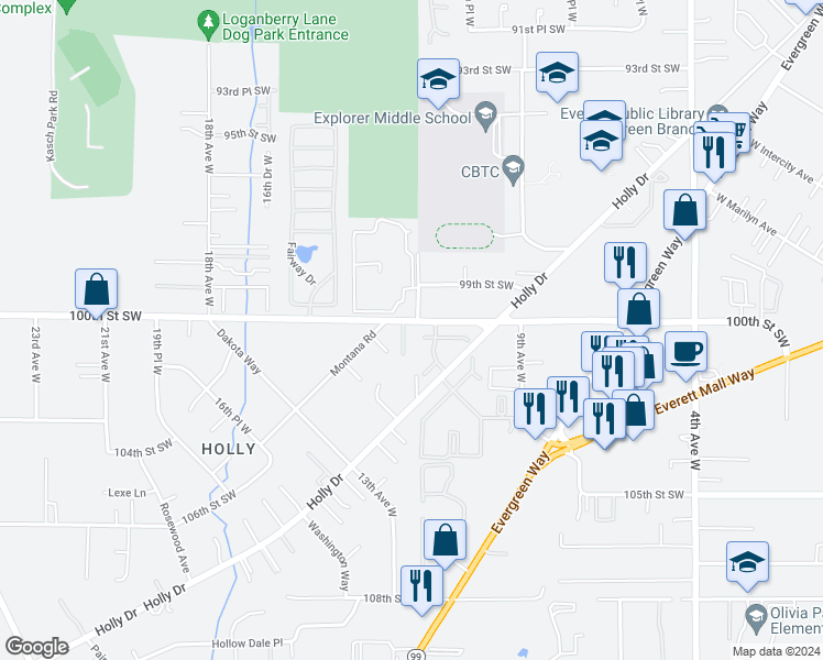 map of restaurants, bars, coffee shops, grocery stores, and more near 1202 100th Street Southwest in Everett