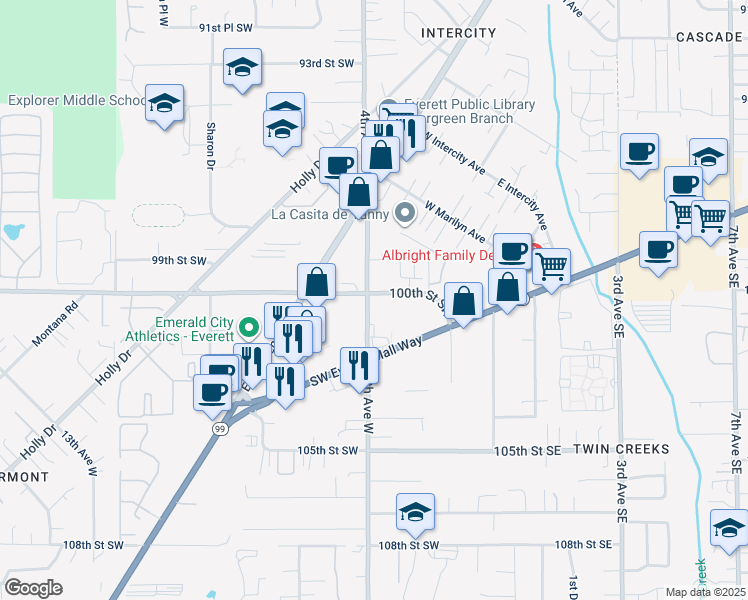 map of restaurants, bars, coffee shops, grocery stores, and more near 10005 4th Avenue West in Everett