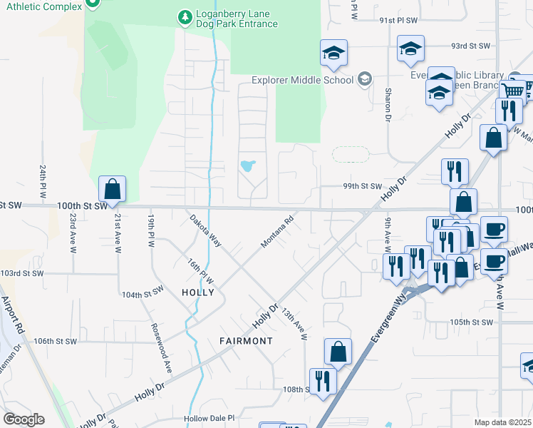 map of restaurants, bars, coffee shops, grocery stores, and more near 1412 100th Street Southwest in Everett