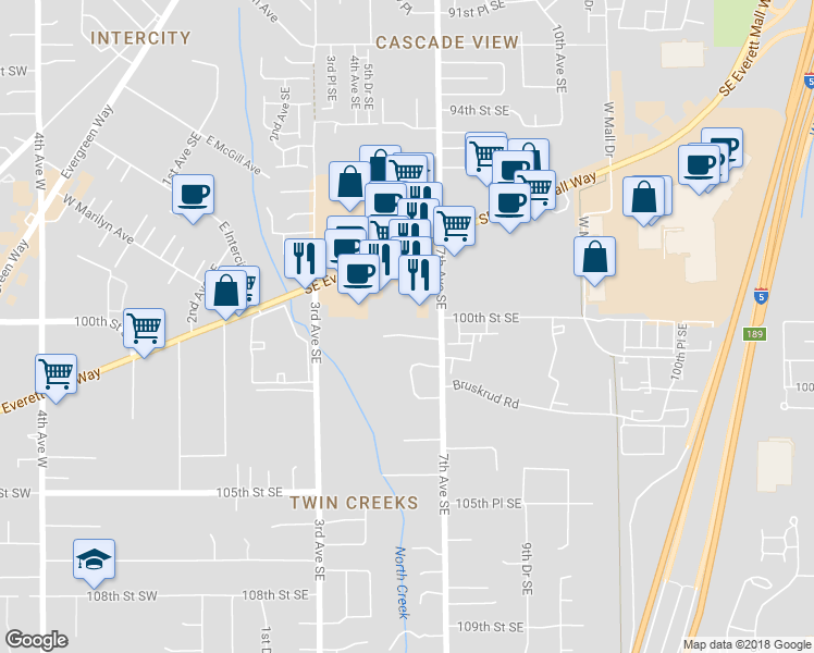 map of restaurants, bars, coffee shops, grocery stores, and more near 525 100th Place Southeast in Everett
