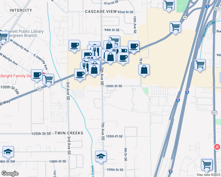 map of restaurants, bars, coffee shops, grocery stores, and more near 10101 7th Avenue Southeast in Everett