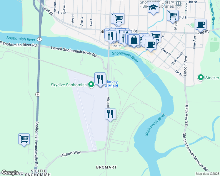 map of restaurants, bars, coffee shops, grocery stores, and more near 9800-10398 99th Ave SE in Snohomish