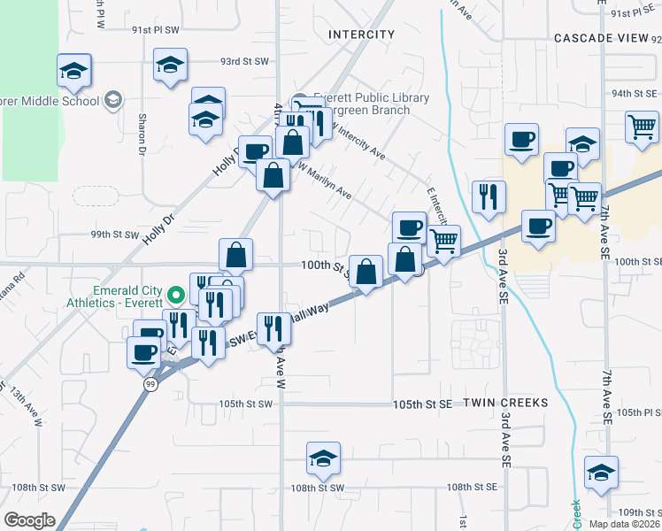 map of restaurants, bars, coffee shops, grocery stores, and more near 215 Southwest Everett Mall Way in Everett