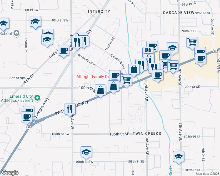 map of restaurants, bars, coffee shops, grocery stores, and more near 21 Highway 99 in Everett