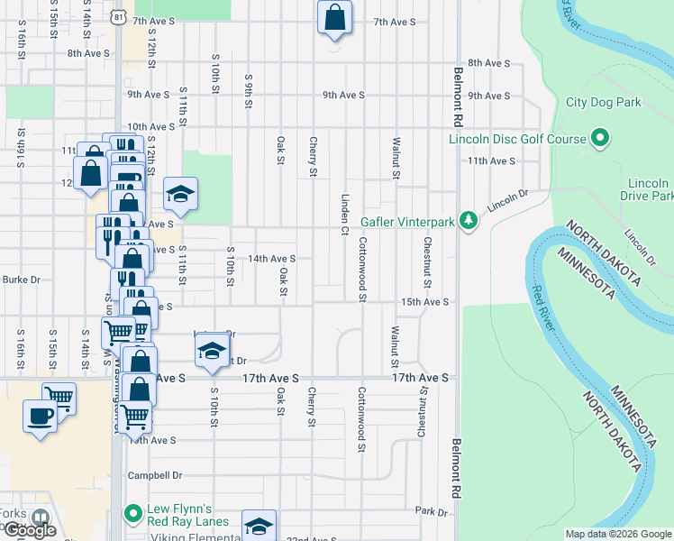 map of restaurants, bars, coffee shops, grocery stores, and more near 1419 Cherry Street in Grand Forks