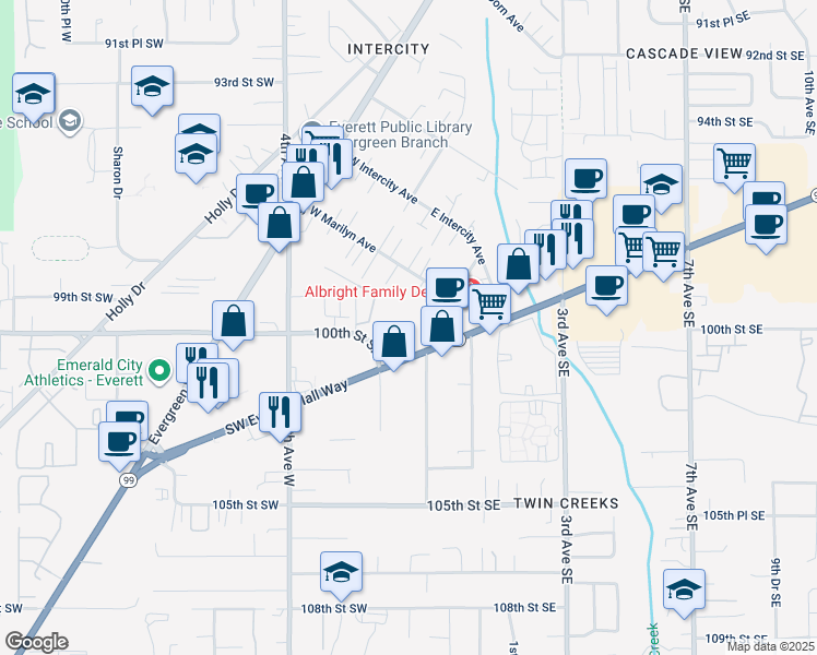 map of restaurants, bars, coffee shops, grocery stores, and more near 31 Highway 99 in Everett