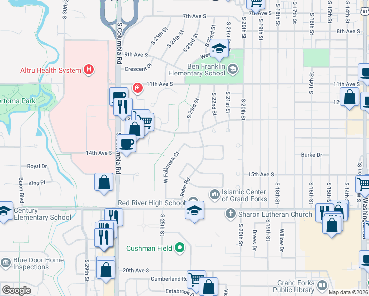map of restaurants, bars, coffee shops, grocery stores, and more near 2308 W Springbrook Ct in Grand Forks