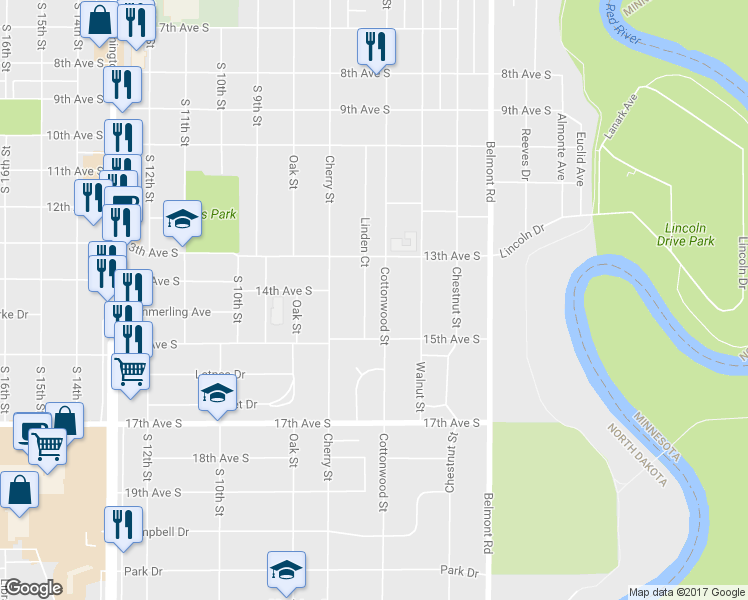 map of restaurants, bars, coffee shops, grocery stores, and more near 1402 Cottonwood Street in Grand Forks