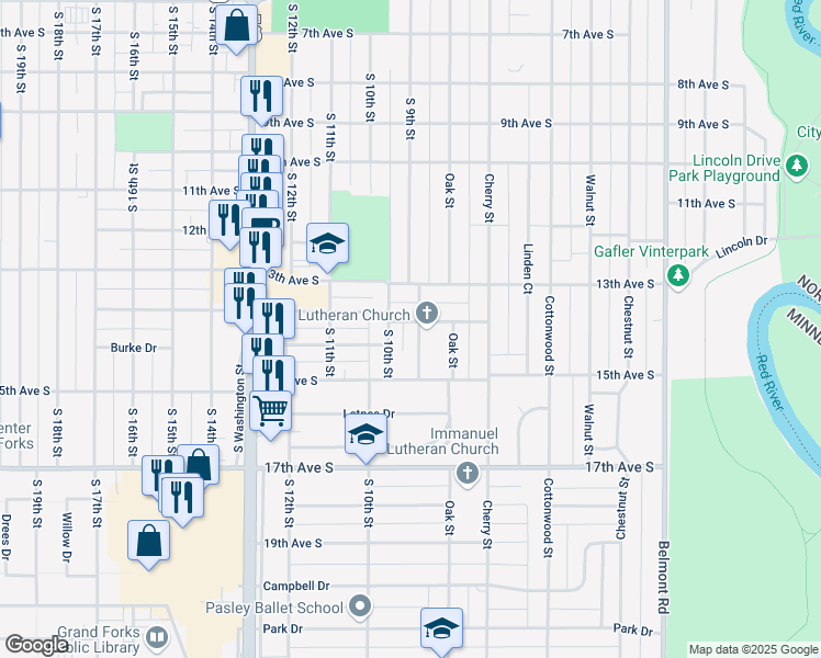 map of restaurants, bars, coffee shops, grocery stores, and more near 1415 South 10th Street in Grand Forks