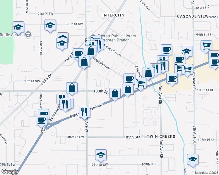 map of restaurants, bars, coffee shops, grocery stores, and more near 9915 1st Place West in Everett