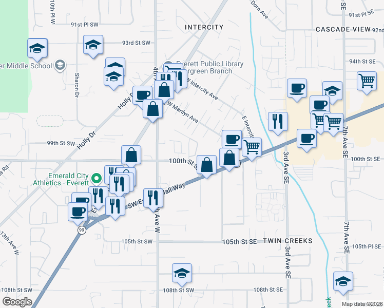 map of restaurants, bars, coffee shops, grocery stores, and more near 215 Southwest Everett Mall Way in Everett
