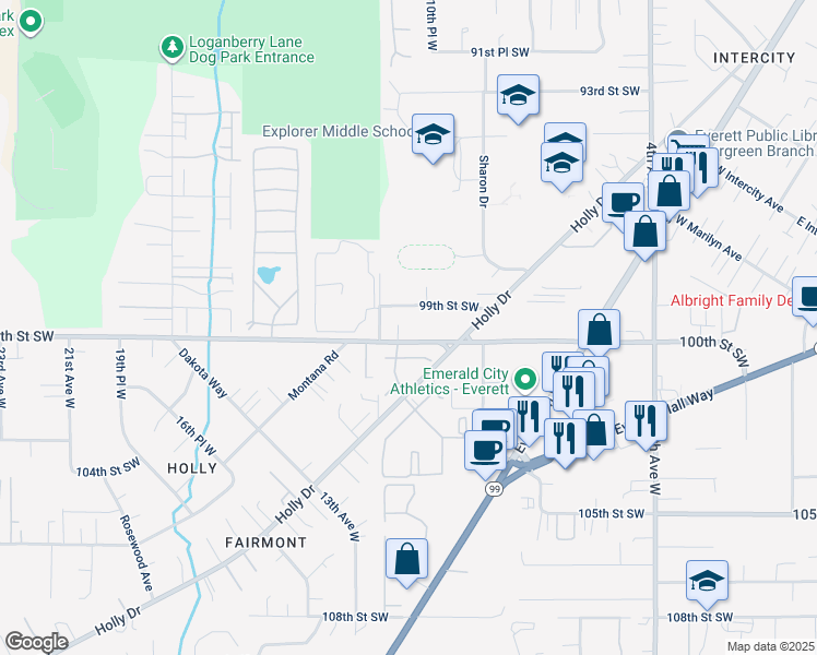 map of restaurants, bars, coffee shops, grocery stores, and more near 10030 Holly Drive in Everett