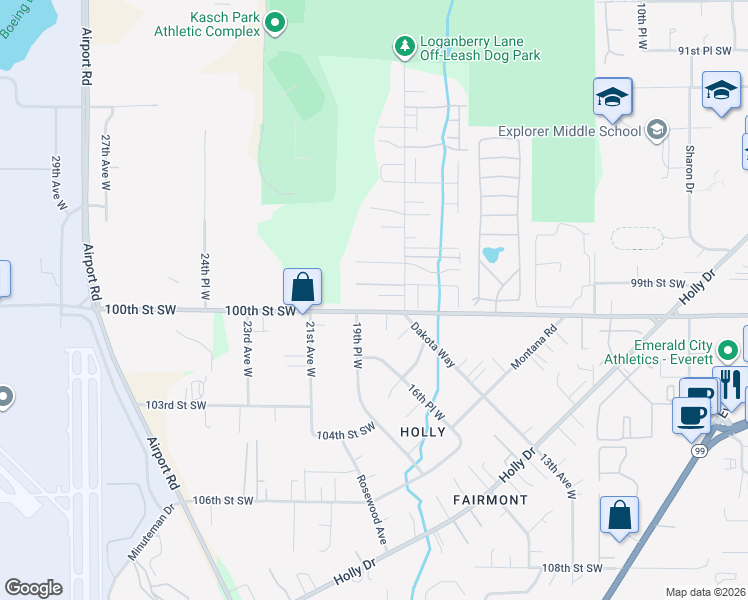 map of restaurants, bars, coffee shops, grocery stores, and more near 9904 18th Avenue West in Everett