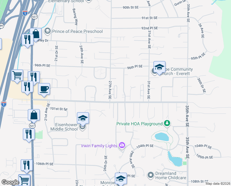 map of restaurants, bars, coffee shops, grocery stores, and more near 9810 27th Drive Southeast in Everett