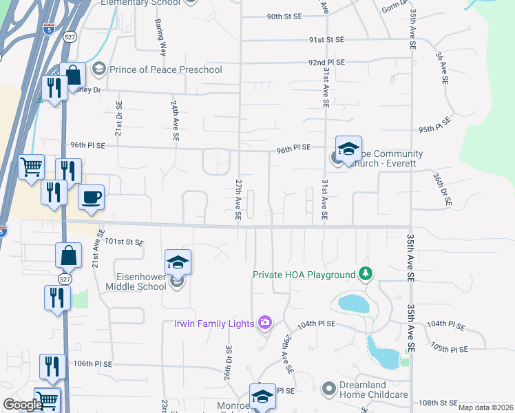 map of restaurants, bars, coffee shops, grocery stores, and more near 9810 28th Drive Southeast in Everett