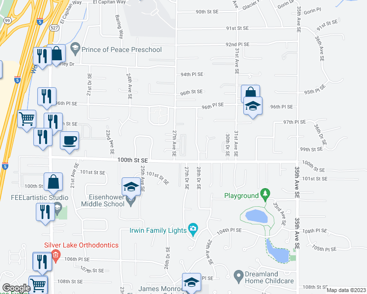 map of restaurants, bars, coffee shops, grocery stores, and more near 9830 28th Avenue Southeast in Everett