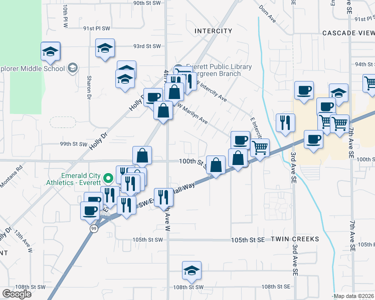 map of restaurants, bars, coffee shops, grocery stores, and more near 9825 4th Avenue West in Everett